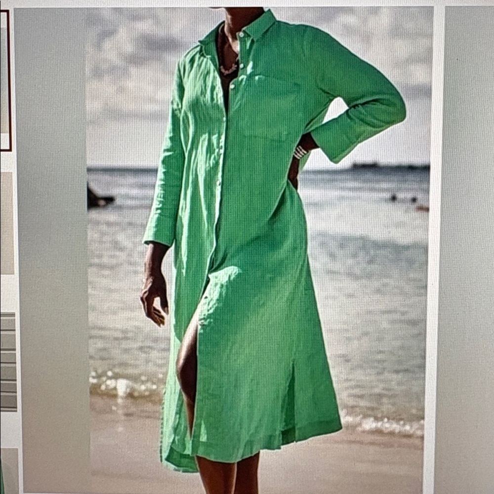 J Jill Size XL Green 100% Linen A-Line Shirtdress